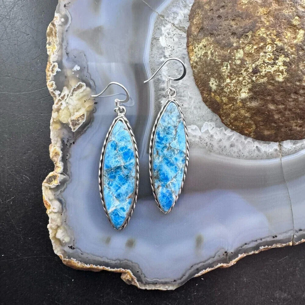 Sterling SW Style Elongated Marquise Blue Apatite Dangle Earrings For Women
